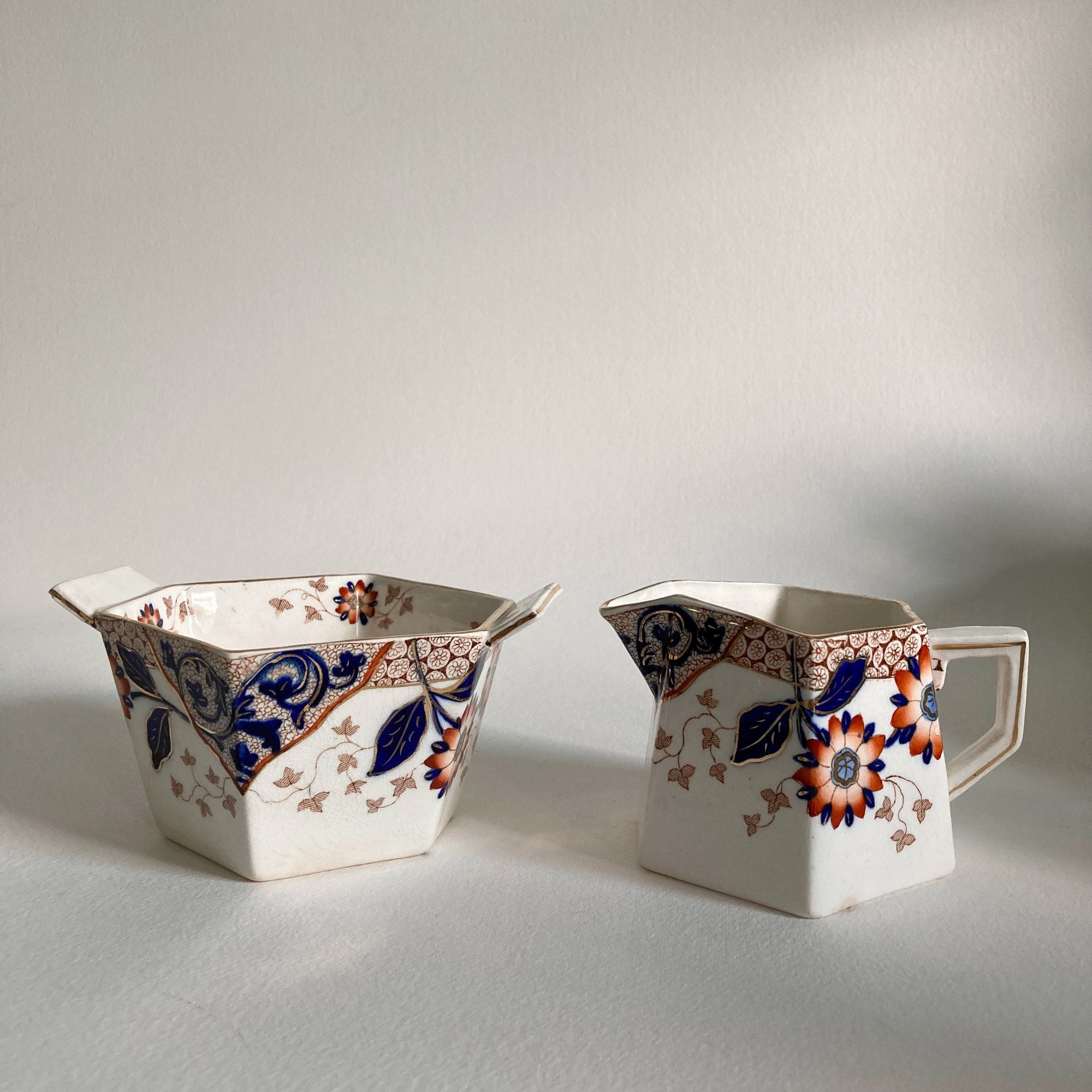 Antique Ridgways Cream & Sugar Bowl Set: Stoke on Trent Floral Cobalt Gold