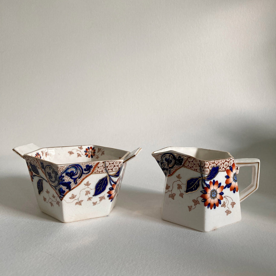 Antique Ridgways Cream & Sugar Bowl Set: Stoke on Trent Floral Cobalt Gold
