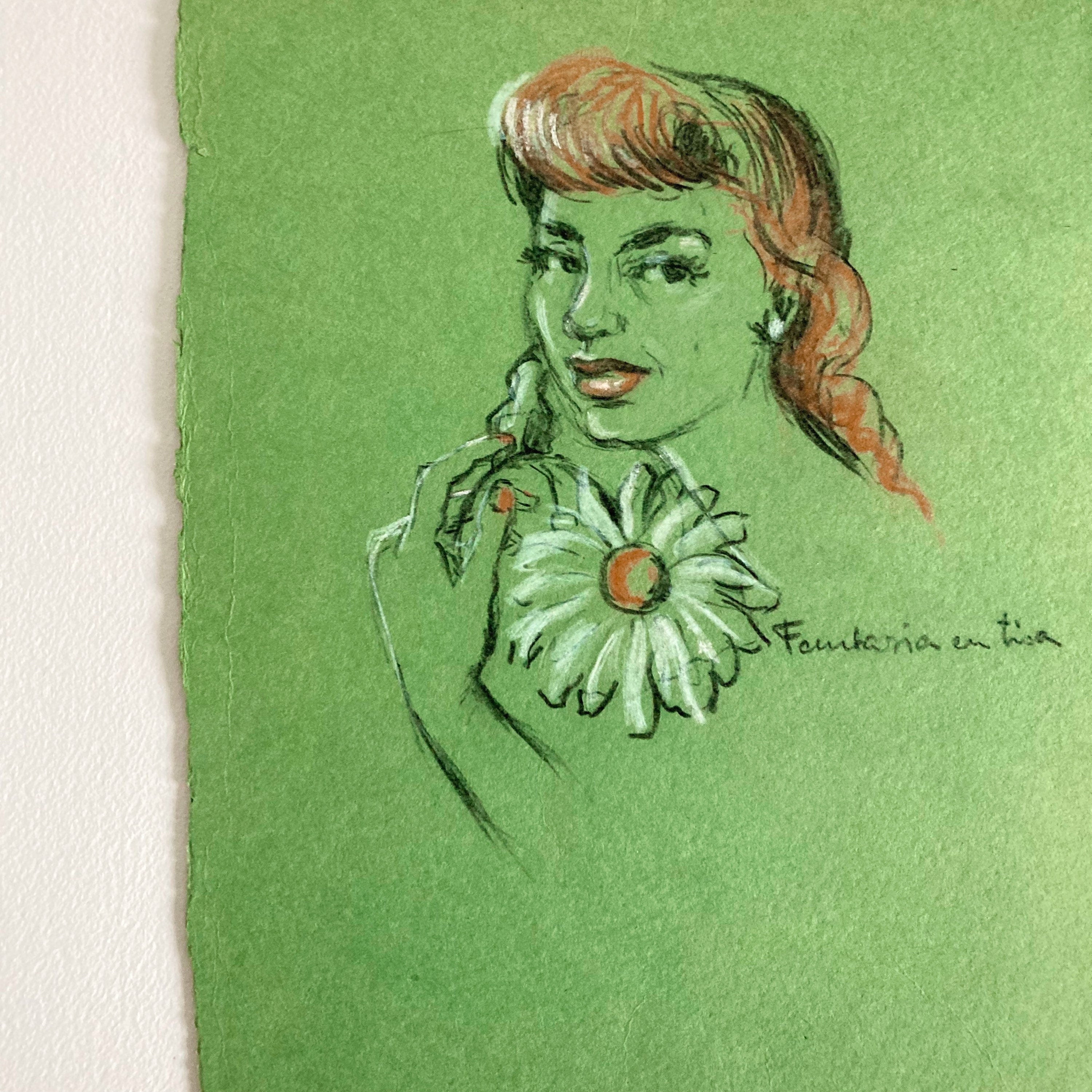 Mid-Century Pastel Portrait: Woman with Flower, Green Paper (12x8)