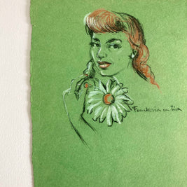 Mid-Century Pastel Portrait: Woman with Flower, Green Paper (12x8)