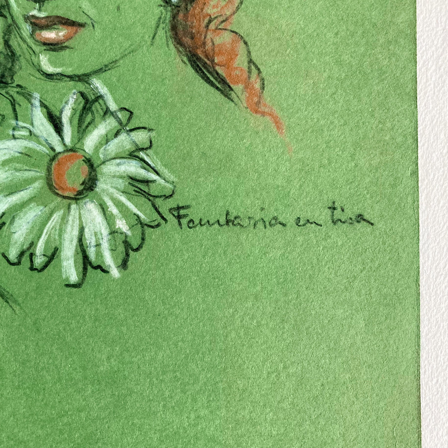 Mid-Century Pastel Portrait: Woman with Flower, Green Paper (12x8)