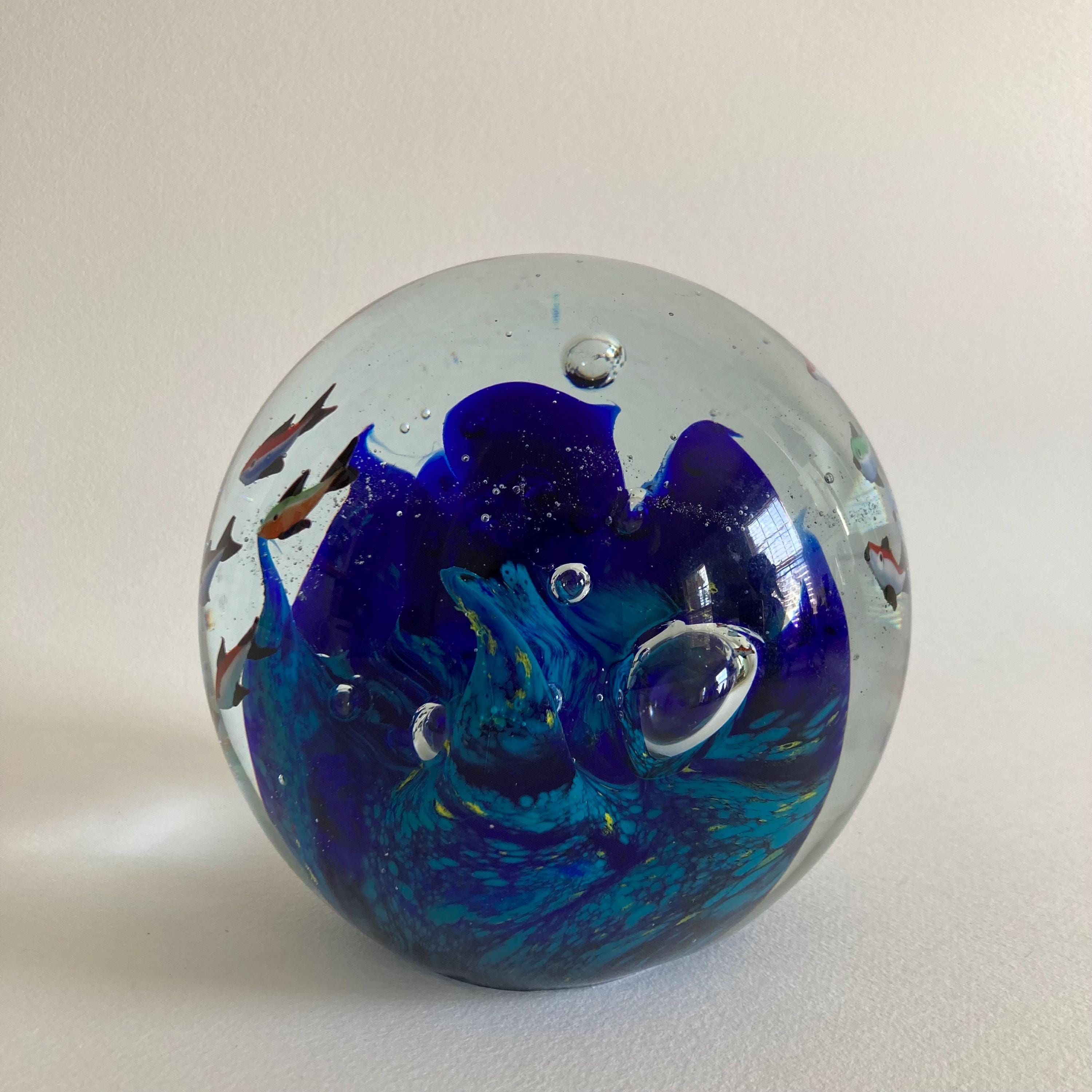Murano Style Art Glass Paperweight: Ocean Fish Aquarium Orb (5.5
