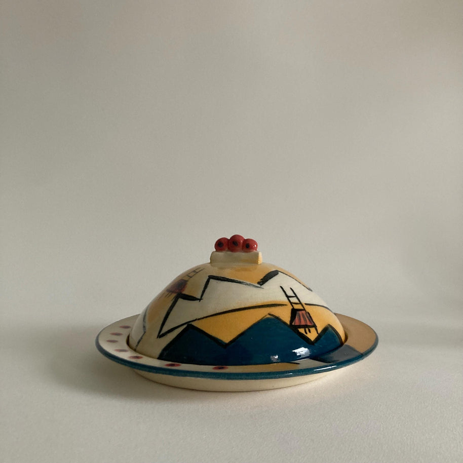 Artist Signed Ceramic Butter Dish: Abstract Mountain & Chair Design