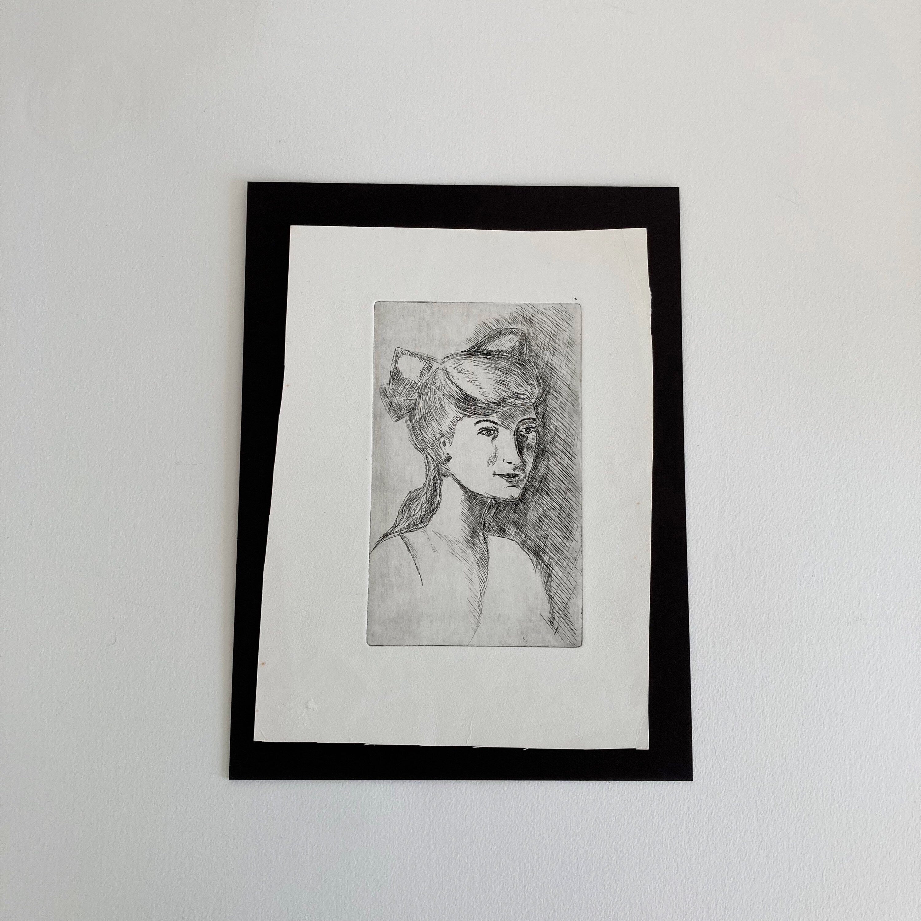 Mid-Century Etching: Young Woman Portrait, 1950s Female Artwork