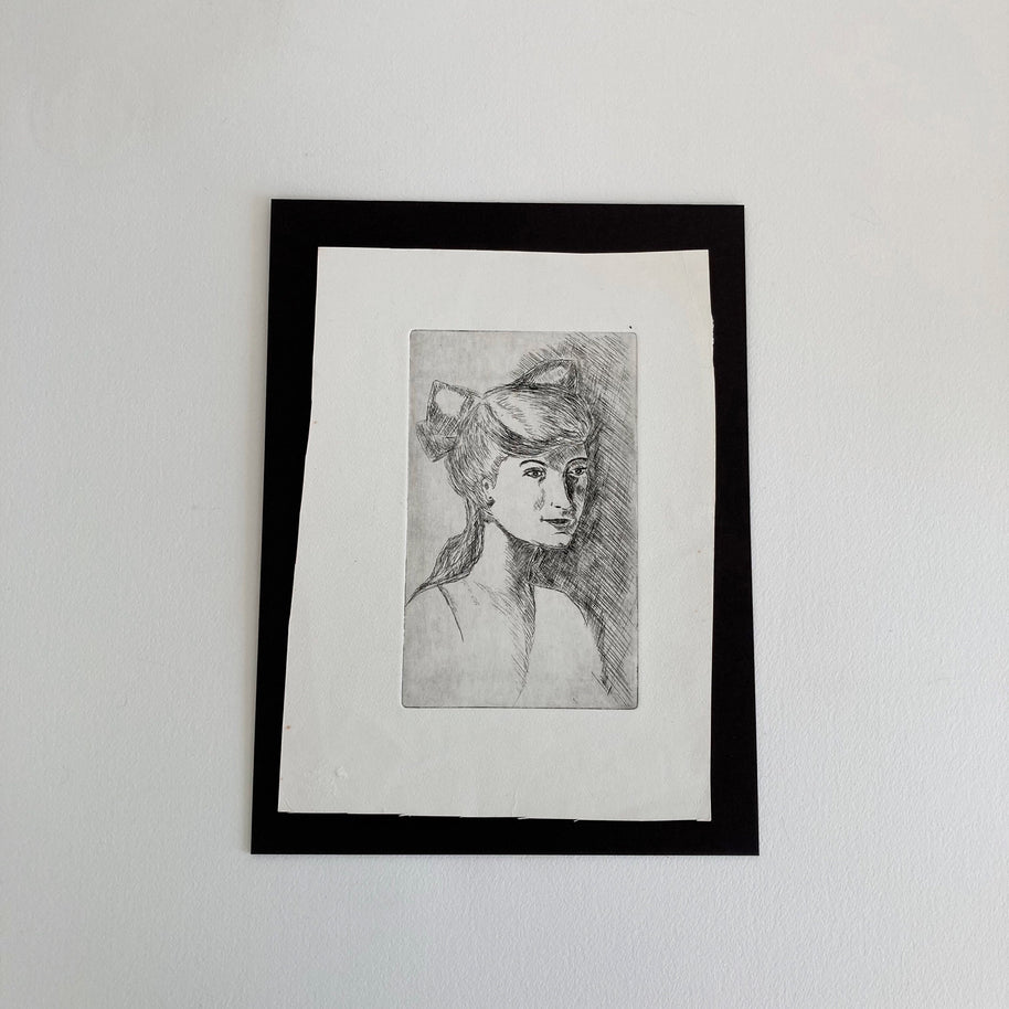 Mid-Century Etching: Young Woman Portrait, 1950s Female Artwork