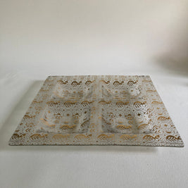 Georges Briard MCM Glass Serving Tray: Gold Leaf Pattern, 4-Compartment Dish