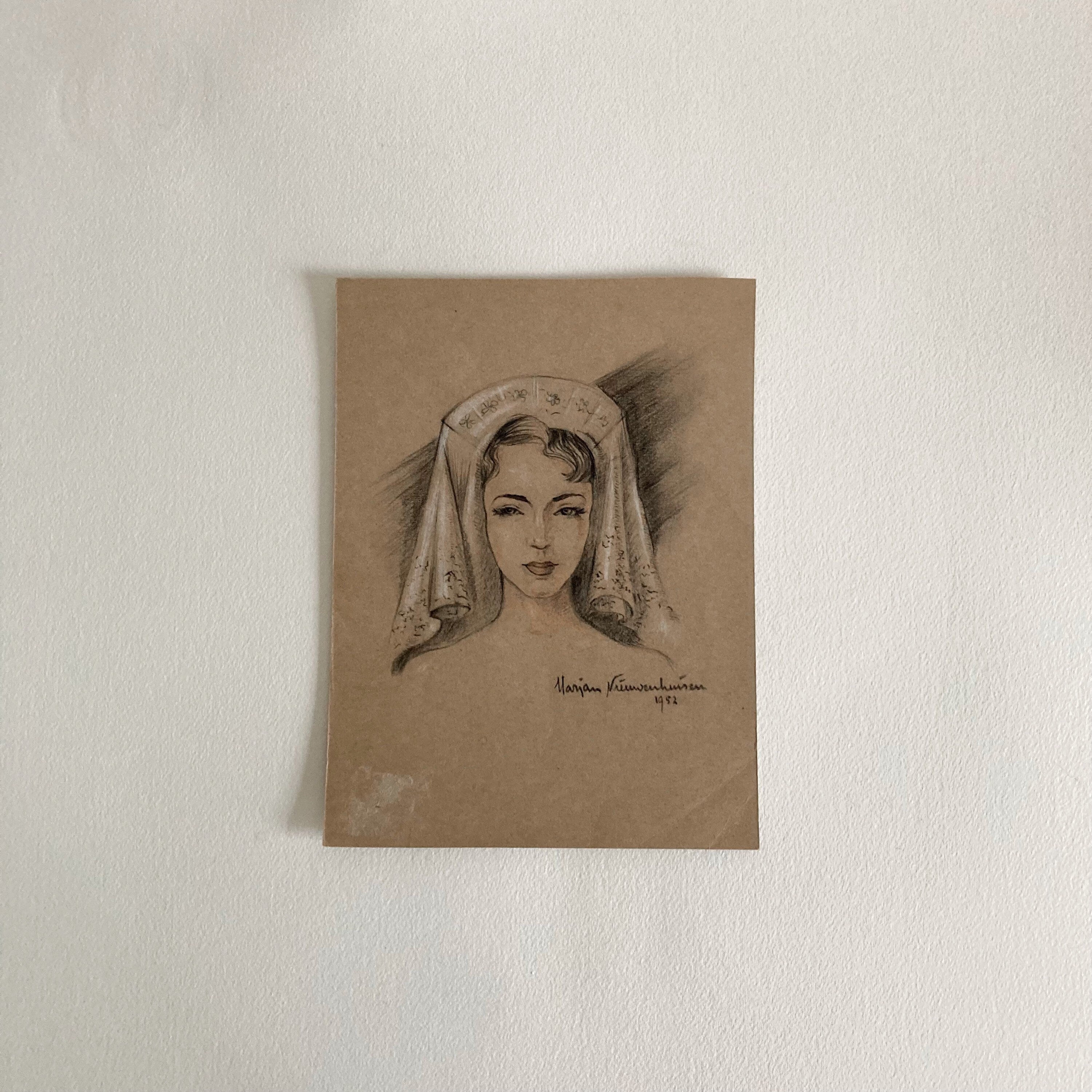Mid-Century Portrait Art: Young Woman with Veil, 1952 Signed Drawing