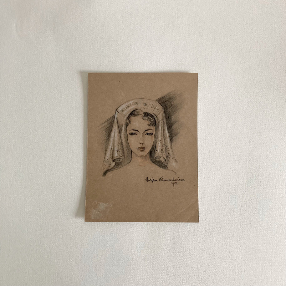 Mid-Century Portrait Art: Young Woman with Veil, 1952 Signed Drawing