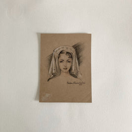 Mid-Century Portrait Art: Young Woman with Veil, 1952 Signed Drawing