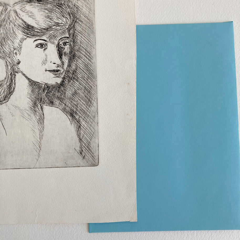 Mid-Century Etching: Young Woman Portrait, 1950s Female Artwork