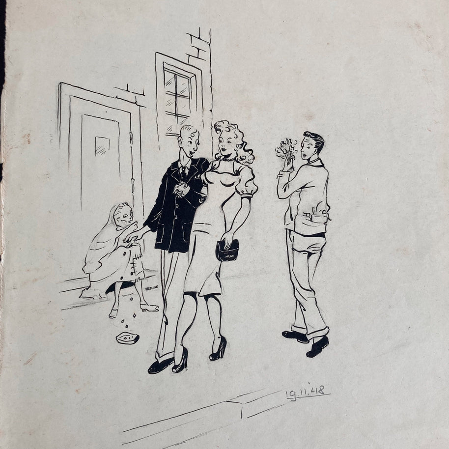1948 Pen & Ink Sketch: Mid-Century Couple, Street Scene - Original Drawing