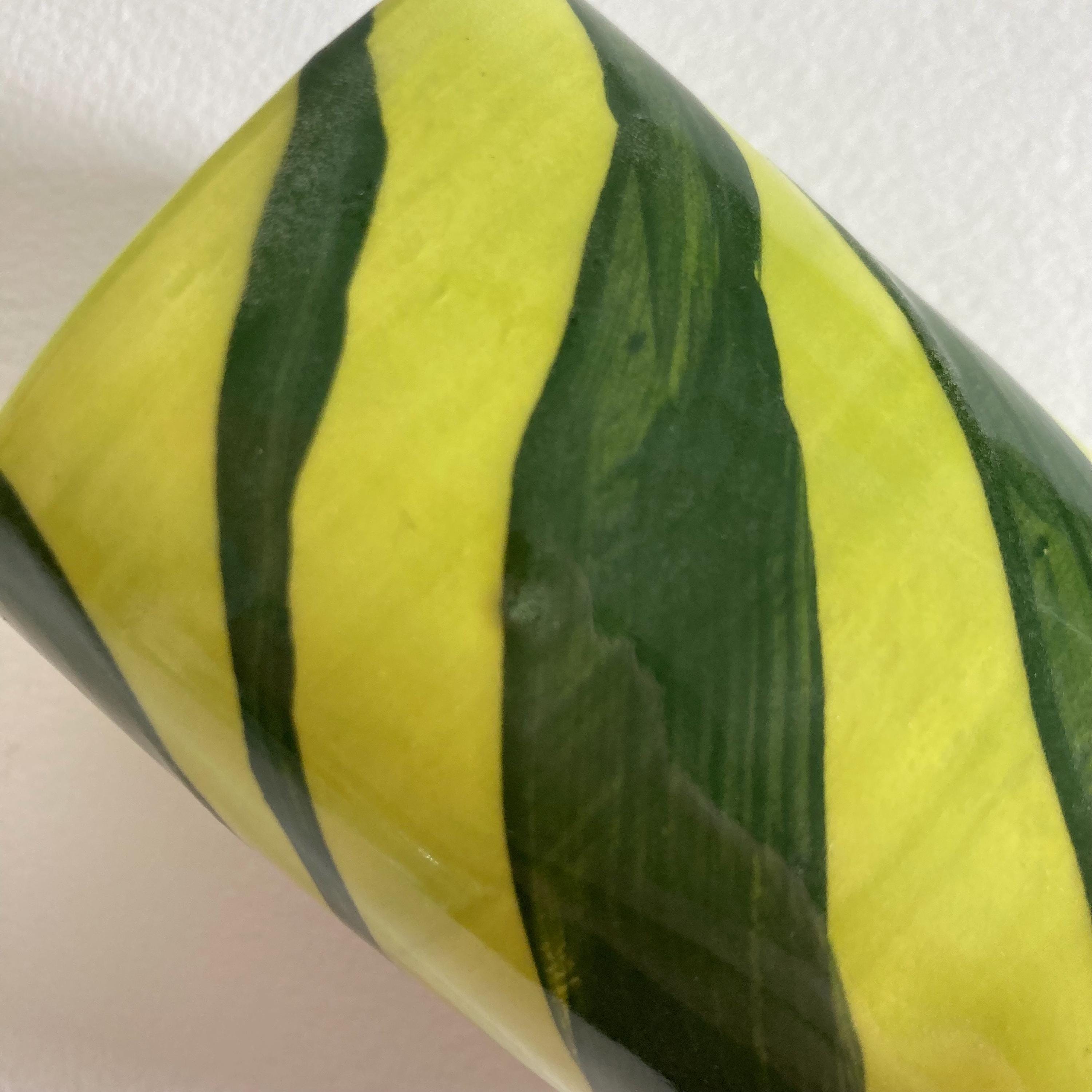 Artist Signed Ceramic Cup: Handmade Green Stripe Pen Container