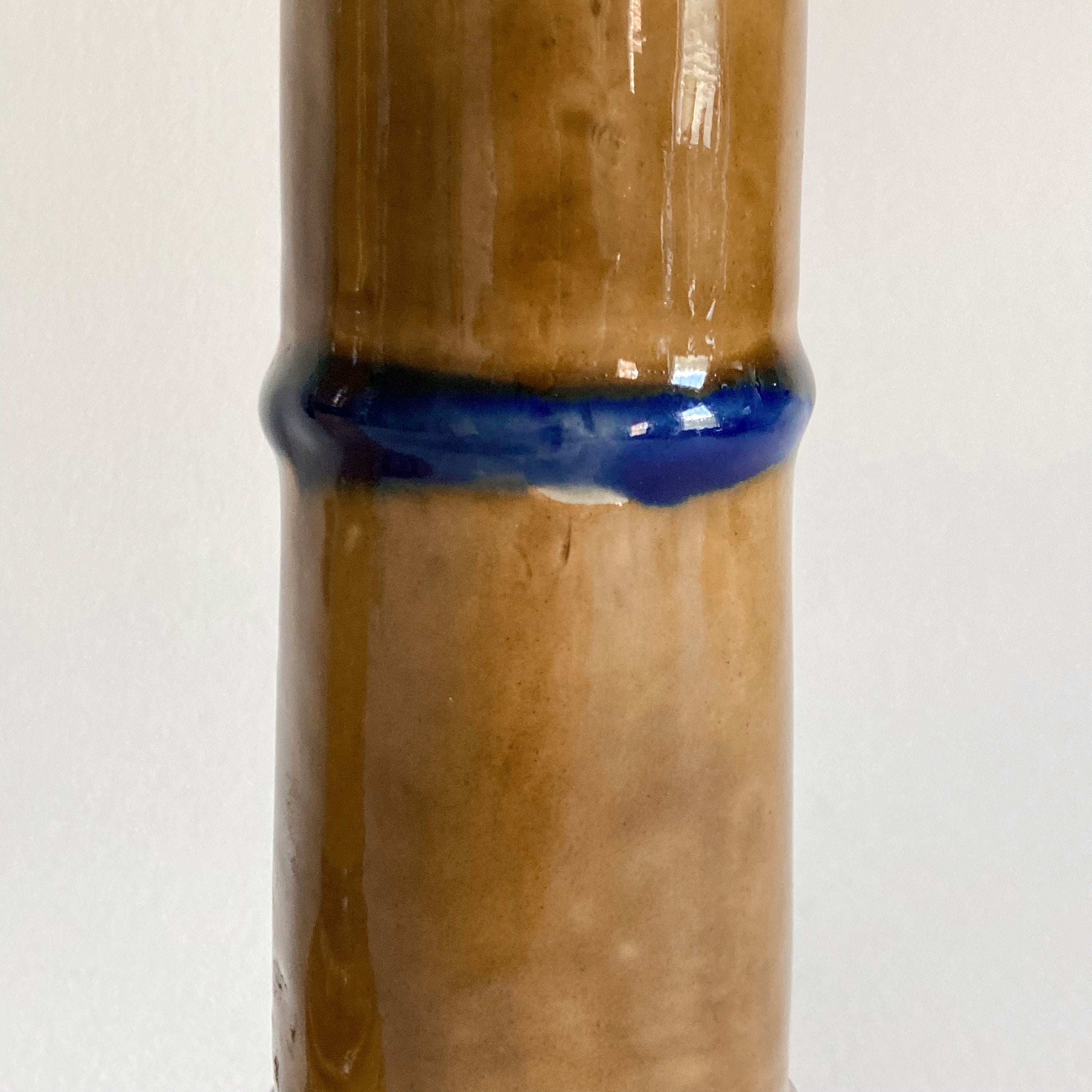 Hand Painted Ceramic Candlestick Pair: Crackle Glaze, Cobalt Blue Detail