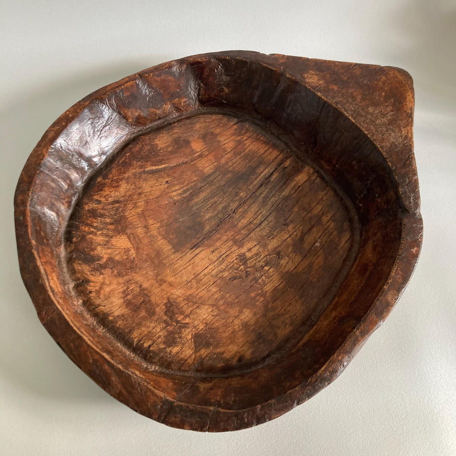 Vintage Indian Attributed Chapati Bowl: Large Patinated Wood Centerpiece