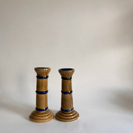 Hand Painted Ceramic Candlestick Pair: Crackle Glaze, Cobalt Blue Detail